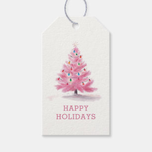 Happy Holidays Pink Christmas Tree Holiday Gift Tags