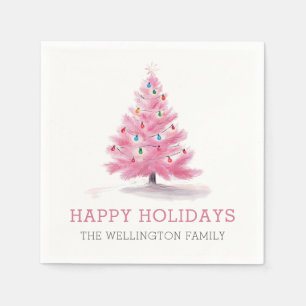 Happy Holidays Pink Christmas Tree Modern Napkin