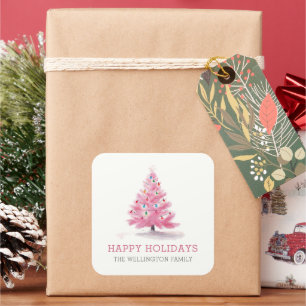 Happy Holidays Pink Christmas Tree Modern Square Sticker