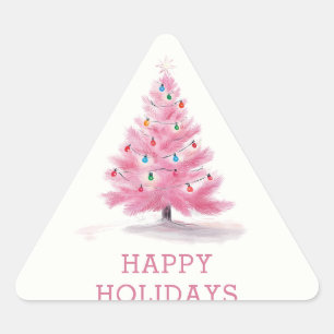 Happy Holidays Pink Christmas Tree Modern Triangle Sticker