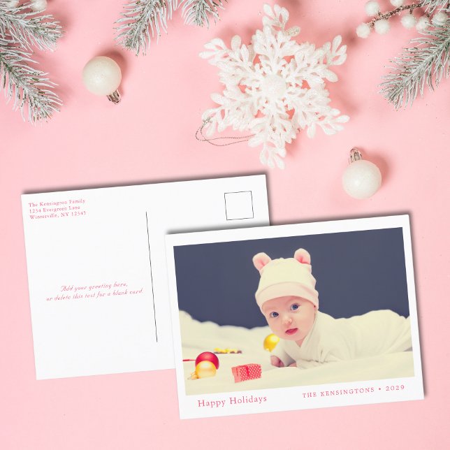 Happy Holidays Pink Cute Baby Photo Holiday Postcard (Baby Girl’s First Christmas Holiday Postcard)
