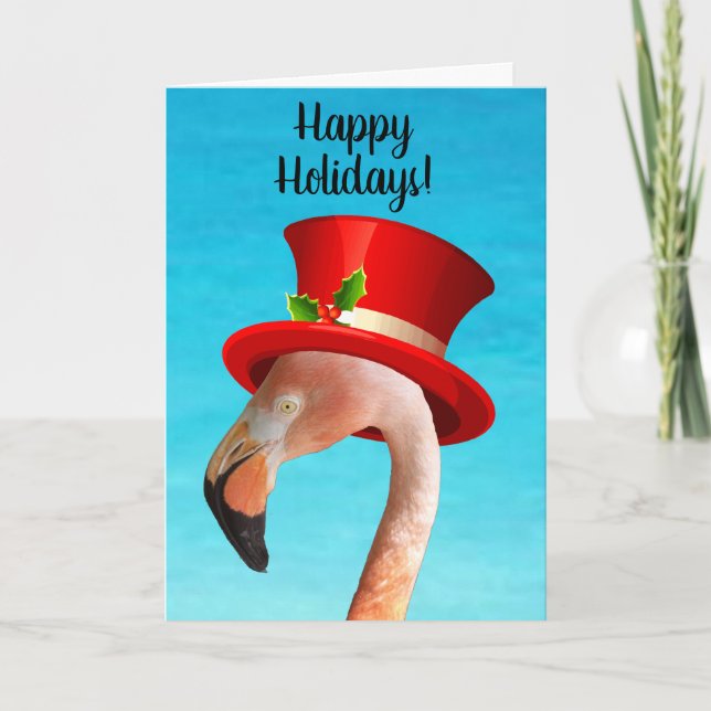 Happy Holidays Pink Flamingo Holiday Card (Front)