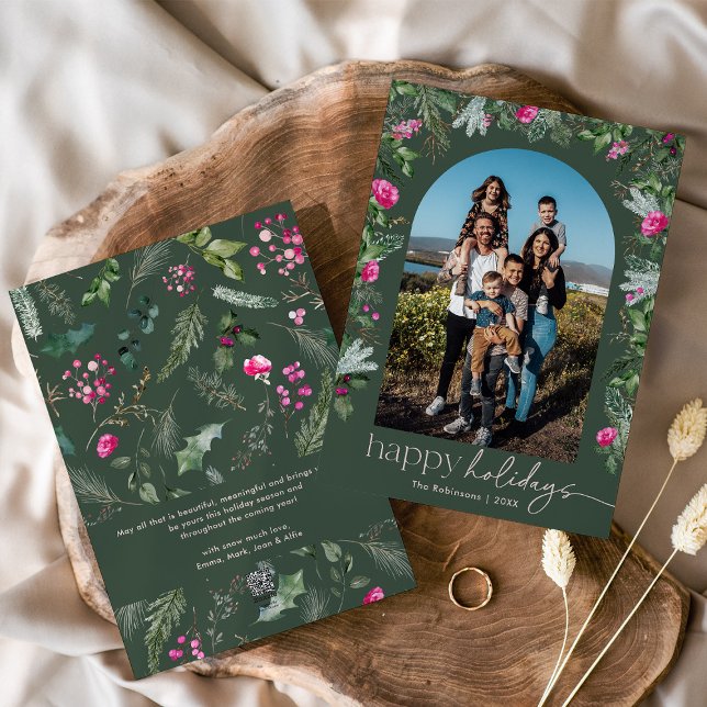 Happy Holidays Pink Greenery Foliage Arch Photo Holiday Card (Creator Uploaded)