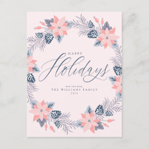 Happy Holidays Pink Poinsettia Wreath Postcard
