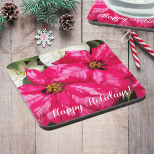 Happy Holidays Pink Poinsettias Floral Coaster