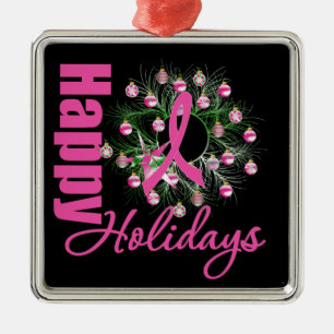 Happy Holidays Pink Ribbon - Breast Cancer Metal Tree Decoration