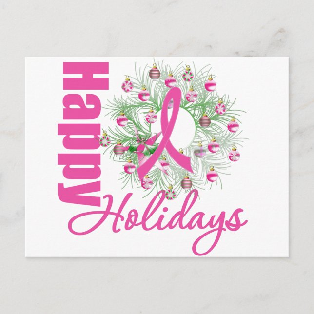 Happy Holidays Pink Ribbon Wreath Holiday Postcard (Front)