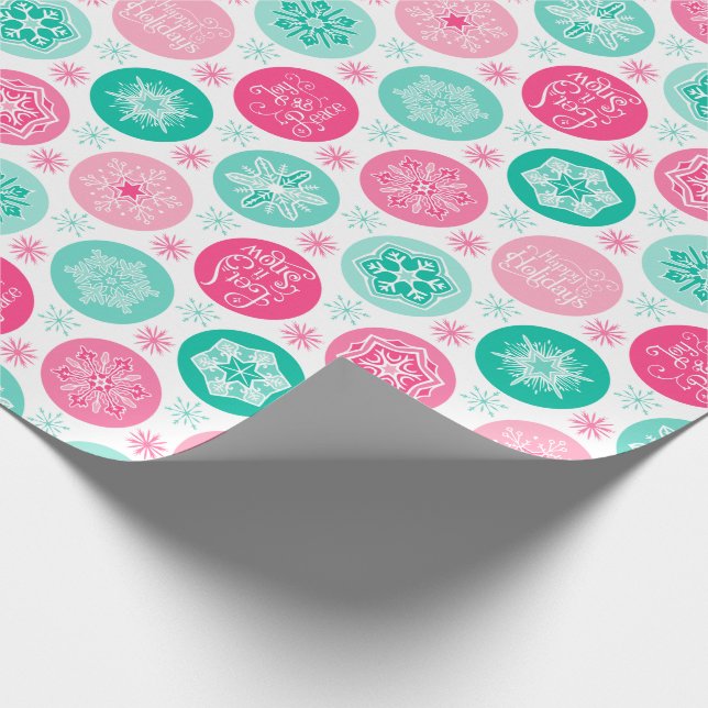 Happy Holidays Pink Teal Snowflakes Wrapping Paper (Corner)