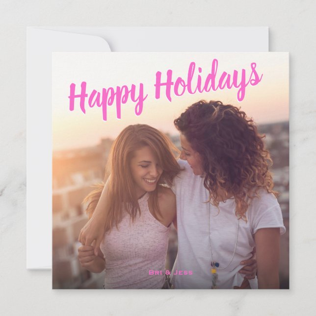 Happy Holidays Pink Two Photo Square Holiday Card (Front)