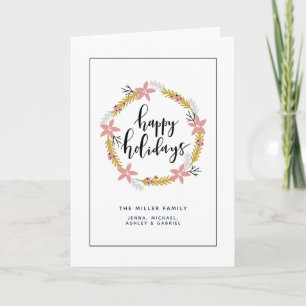Happy Holidays Pink Wreath Holiday Card