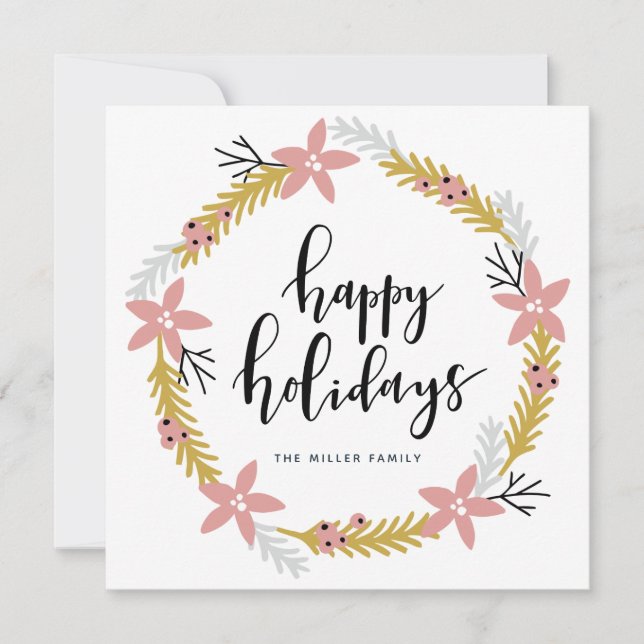 Happy Holidays Pink Wreath | Holiday Photo Card (Front)