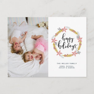 Happy Holidays Pink Wreath Holiday Photo Card