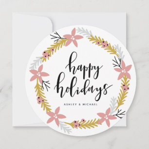 Happy Holidays Pink Wreath   Holiday Photo Card