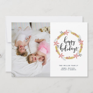 Happy Holidays Pink Wreath Holiday Photo Card