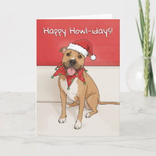 Happy Holidays Pit Bull Dog Drawing in Santa Hat  Holiday Card