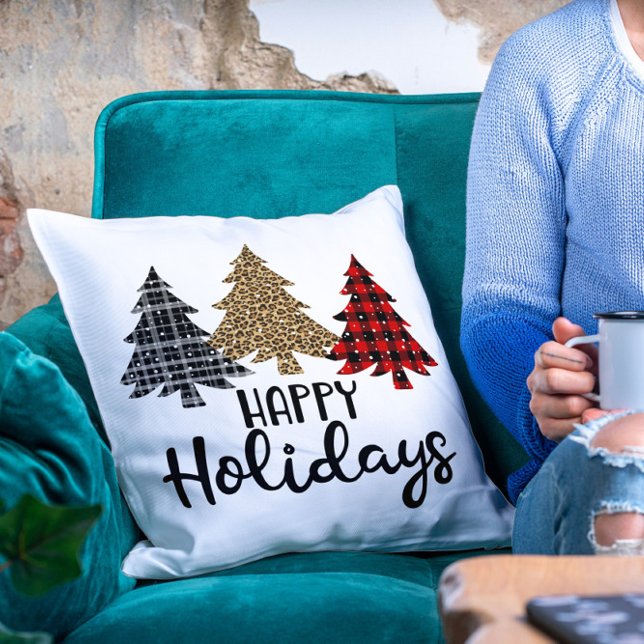 Happy Holidays Plaid Christmas Trees Cushion (Creator Uploaded)