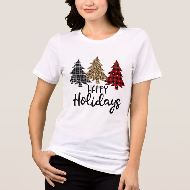 Happy Holidays Plaid Christmas Trees Tri-Blend Shirt (Front)