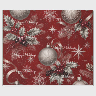 Happy Holidays Plaid Crimson Silver Christmas Wrapping Paper