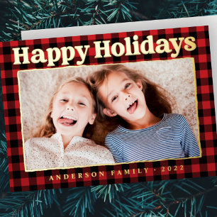 Happy Holidays Plaid Pattern Family Photo