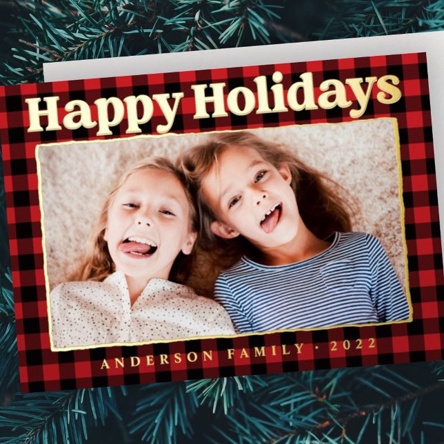 Happy Holidays Plaid Pattern Family Photo (Creator Uploaded)