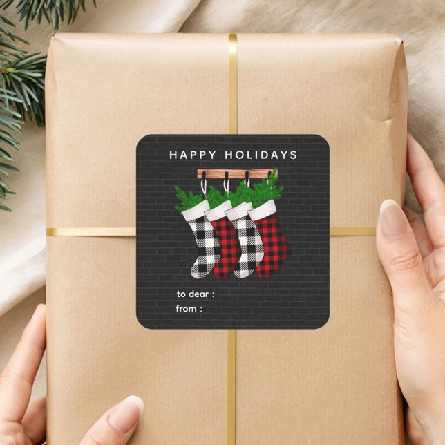 Happy Holidays Plaid Stockings Holiday Gift Label  (Creator Uploaded)