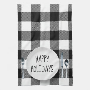 Happy Holidays Plate On Buffalo Plaid Kitchen Towe Tea Towel