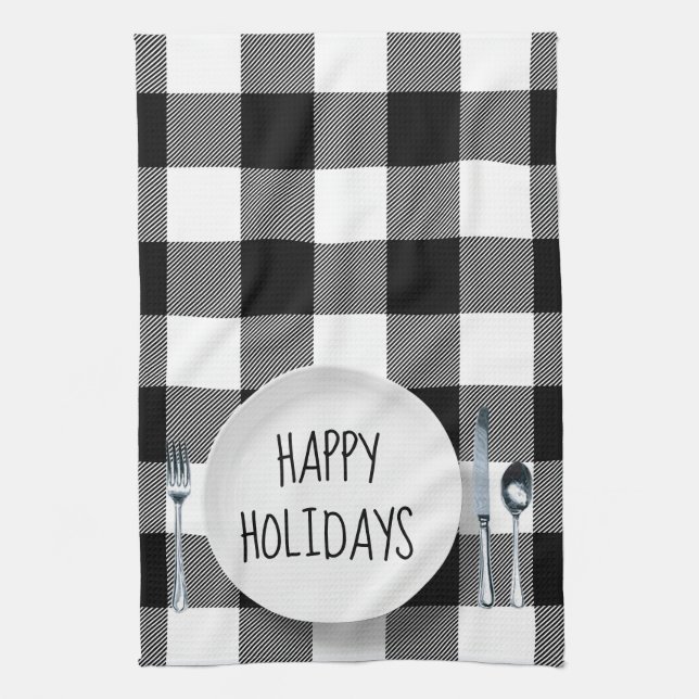 Happy Holidays Plate On Buffalo Plaid Kitchen Towe Tea Towel (Vertical)