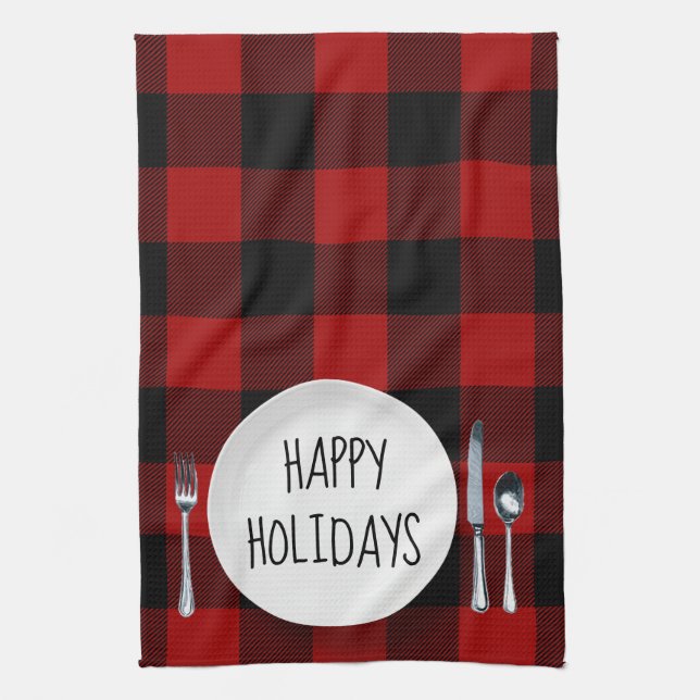 Happy Holidays Plate On Buffalo Plaid Tea Towel (Vertical)