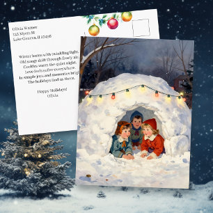 Happy Holidays Poem Vintage Children in Snow Fort Holiday Postcard