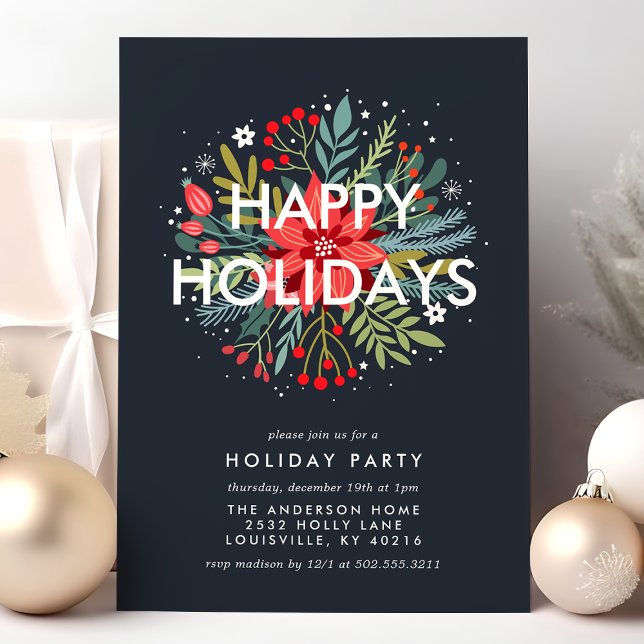 Happy Holidays Poinsettia Bouquet Christmas Party Holiday Card (Creator Uploaded)