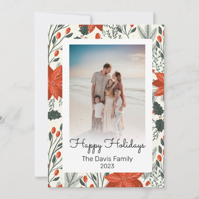 Happy Holidays Poinsettia Christmas Family Photo Holiday Card (Front)