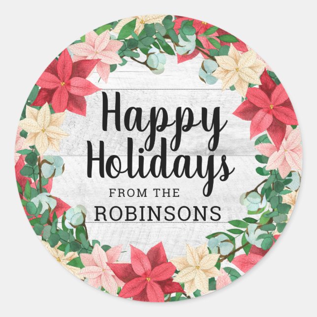 Happy Holidays Poinsettia White Wood Classic Round Sticker (Front)