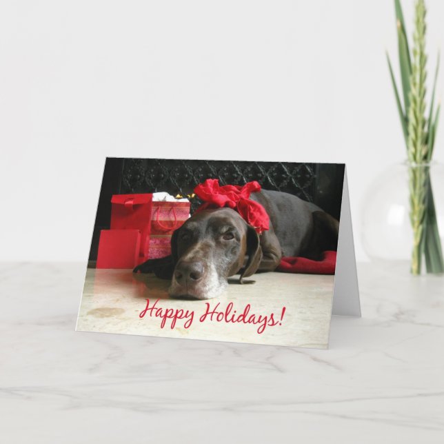 happy holidays pointer and gifts at fireplace holiday card (Front)