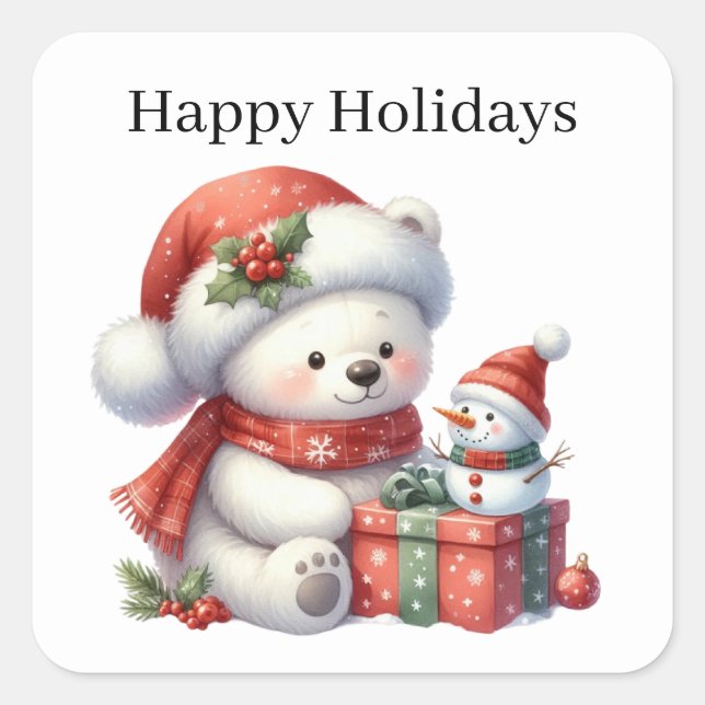 Happy Holidays Polar bear Holiday Square Sticker (Front)
