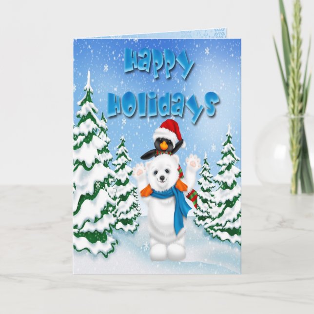 Happy Holidays Polar Bear Penguin Greeting Card (Front)