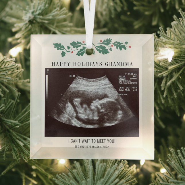 Happy Holidays Pregnancy Ultrasound Photo Grandma Glass Tree Decoration (Insitu)