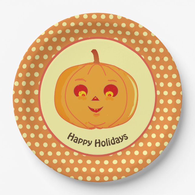 Happy Holidays Pumpkin Face & Polka Dots Paper Plate (Front)