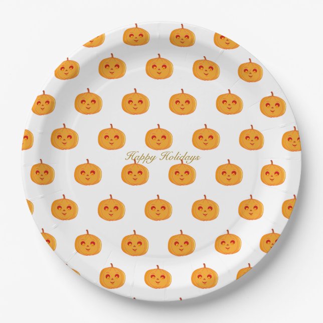Happy Holidays Pumpkin Faces Paper Plate (Front)