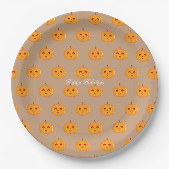 Happy Holidays Pumpkin Faces Paper Plate (Front)