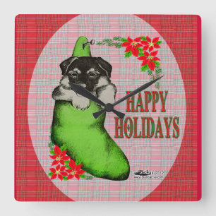 Happy Holidays Puppy Square Wall Clock