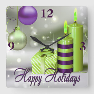 Happy Holidays Purple Green Decorations Square Wall Clock