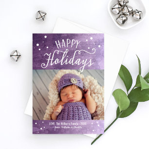 Happy Holidays Purple Snowy Watercolor Photo Holiday Card