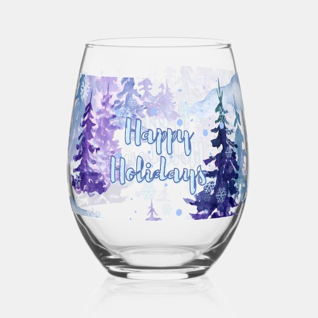 Happy Holidays Purple Winter Snowy Trees Stemless Wine Glass (Front)