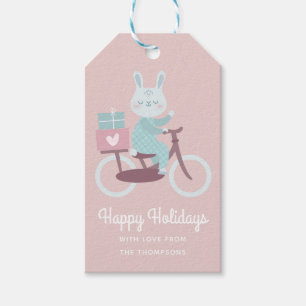 Happy Holidays Rabbit Riding Bicycle Personalised Gift Tags