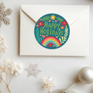 Happy Holidays Rainbow Cute Hand-drawn Colourful  Classic Round Sticker