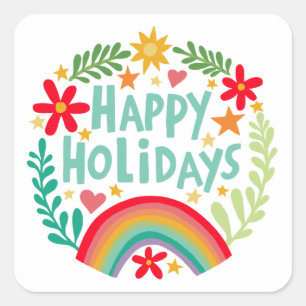 Happy Holidays Rainbow Cute Hand-drawn Colourful Square Sticker