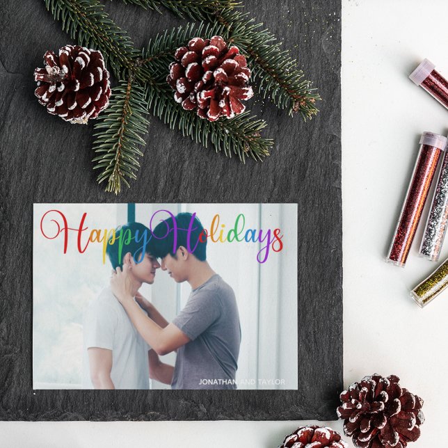 Happy Holidays Rainbow Script Gay Couple Photo Holiday Card (Creator Uploaded)