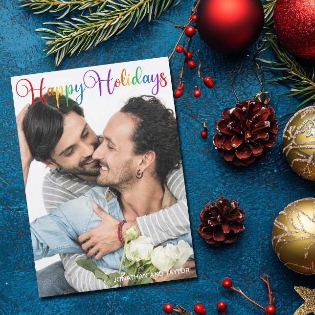Happy Holidays Rainbow Script LGBT Couple Photo Holiday Card (Creator Uploaded)