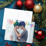 Happy Holidays Rainbow Script LGBTQ Couple Photo Postcard<br><div class="desc">Elegant Happy Holidays photo postcard with beautiful rainbow cursive typography. This modern LGBTQ holiday family photograph postcard features gorgeous script and your name in white over the full bleed picture of an LGBT couple. Personalise with your Christmas message on the back.</div>