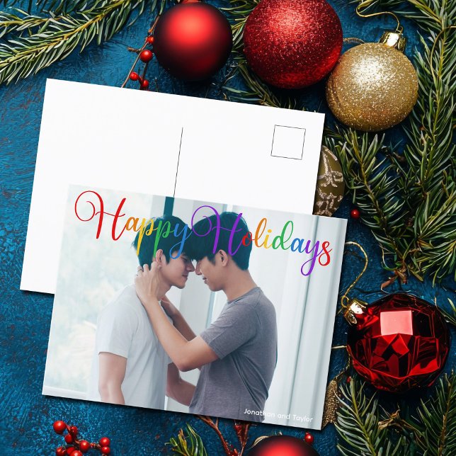 Happy Holidays Rainbow Script LGBTQ Couple Photo Postcard (Creator Uploaded)